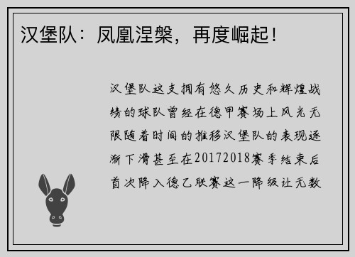 汉堡队：凤凰涅槃，再度崛起！